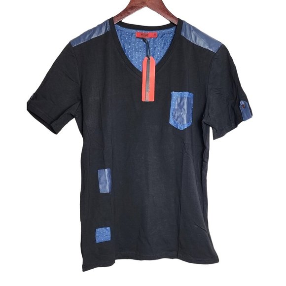 Vassari Los Angeles Men's Med Black V-Neck Designer Shirt Rare Blue Faux Leather - Picture 1 of 15